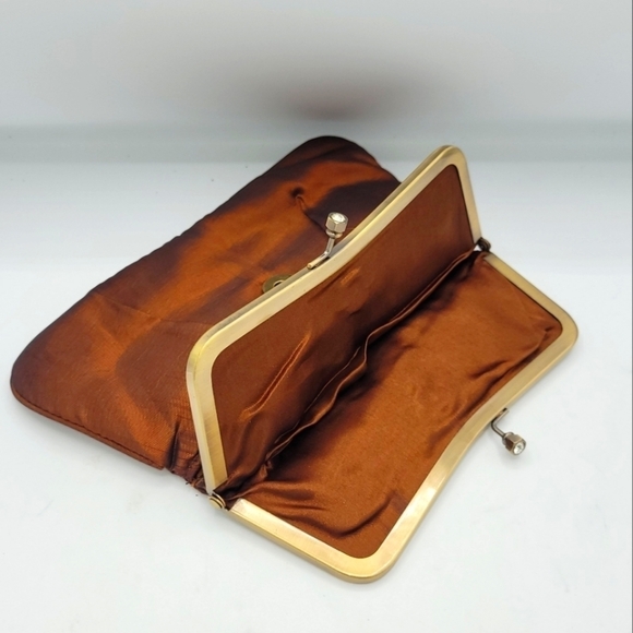 Vintage Burnt Copper Satin Fold-Over Clutch | Rhinestone Flower Details